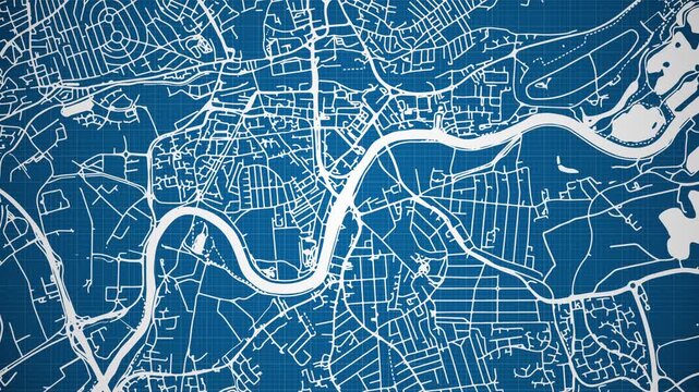 Ink reveal animation of Nottingham city, Nottinghamshire, England, United Kingdom, grid map. Aerial top view. Blueprint style. White lines with blue background. 4K Seamless loop.