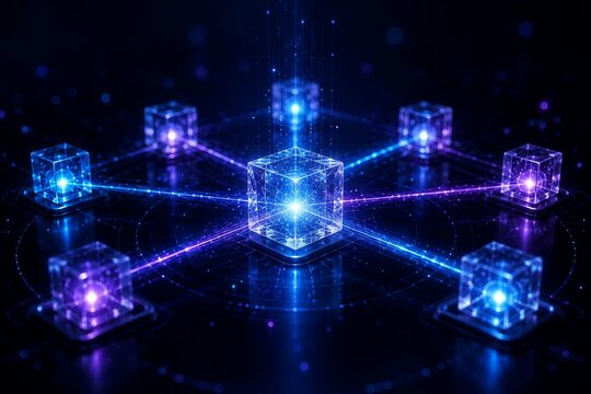 Futuristic Quantum Computing Network with Glowing Glass Cubes and AI Data Connections