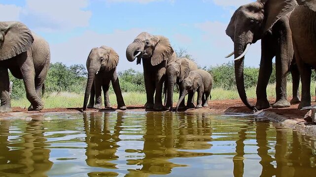 Small group of African bush elephant with calf drinking in waterhole in Greater Kruger National park, South Africa ; Specie Loxodonta africana family of Elephantidae