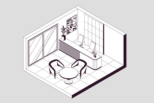 Isometric office waiting area line art vector illustration with architectural interior outline