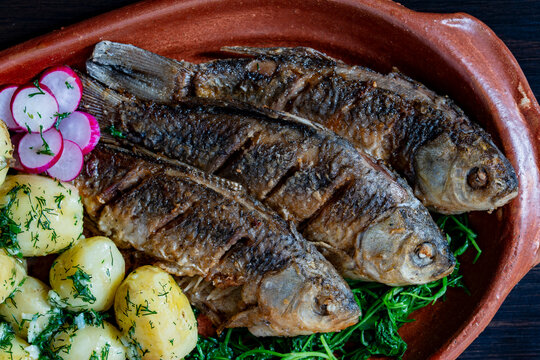 Fried whole carp fish with young potatoes and radish. Crispy fried whole river fish served with boiled baby potatoes with dill and fresh radish in clay dish. Delicious homemade seafood dinner