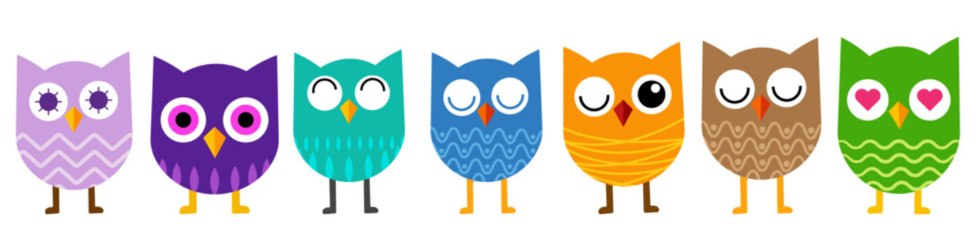 Set of cute colorful cartoon owls in a row isolated on white background