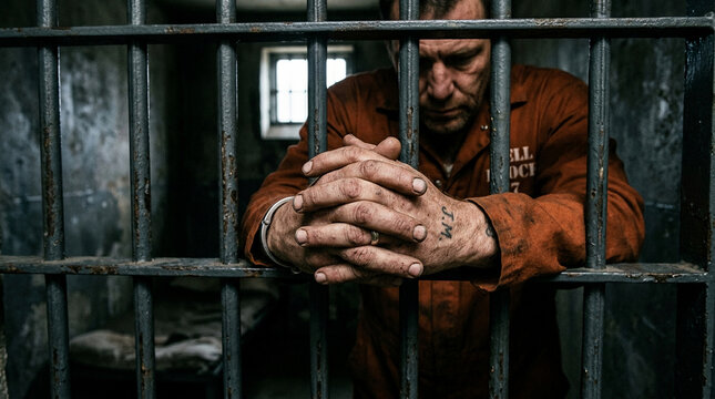 In a jail cell, a man in orange clothing looks through bars while resting his hands on them, showing signs of wear