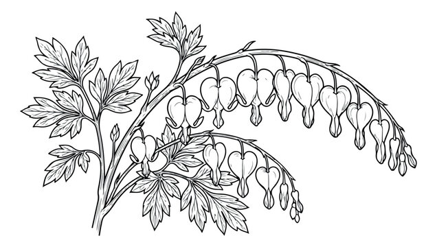 Vintage bleeding heart flower line art, botanical dicentra spectabilis vector illustration, black and white floral garden sketch for wedding invites