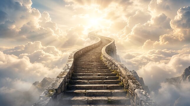 A stone stairway ascends into a bright, cloudy sky, bathed in the warm glow of the sun. Rays of light pierce through the clouds, illuminating the path forward