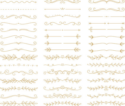 Set of vector hand drawn gold dividers, ornate border elements and text separators.