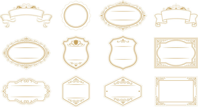 Vintage frame and badge collection with decorative scroll elements for elegant invitation.