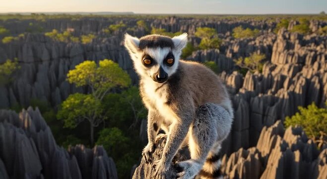 A ring-tailed lemur sits atop a sharp limestone peak in Madagascar's vast Tsingy de Bemaraha landscape.