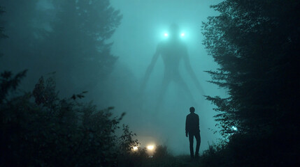Fototapeta premium Foggy night in the woods with a large figure and a person standing near headlights of a car