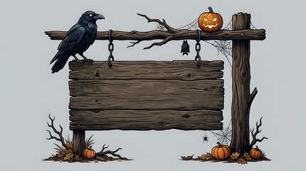 Naklejka premium Black crow perched on wooden sign with carved pumpkin, hanging lantern and autumn decorations for seasonal marketing and holiday designs.