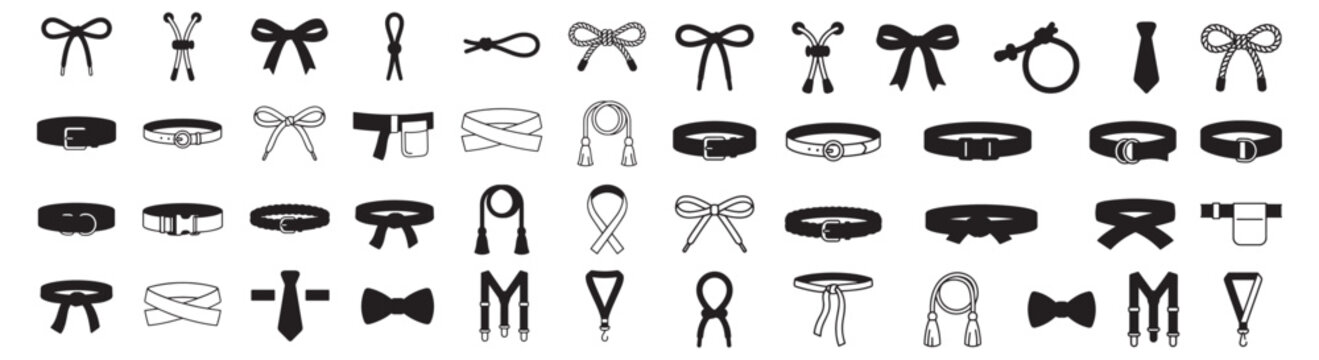 Collection of Bow and Neckwear Icons: Ribbons, Ties, Belts and Decorative Bow Symbols