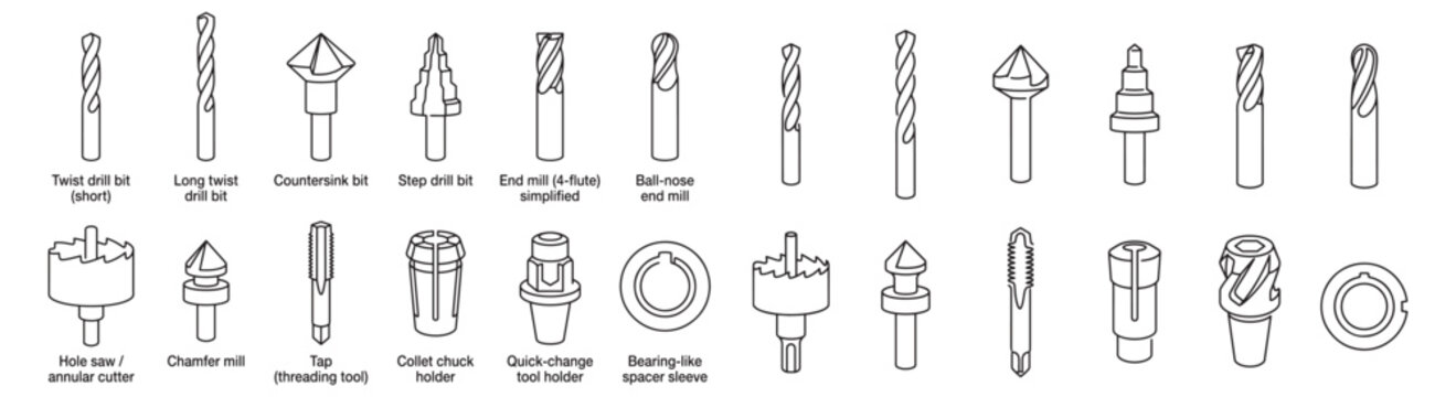 Set of Drill Bits and Cutting Tool Icons in Outline Vector Line Art for Workshop