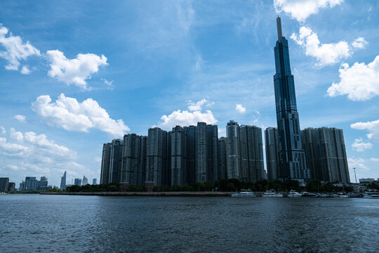 Landmark 81 supertall skyscraper and Ho Chi Minh City waterfront skyline photographed from across the Saigon River, Vietnam