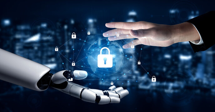 A robot hand and a human hand reach towards a glowing padlock, symbolizing the fusion of technology and security in modern digital landscapes. Gantry
