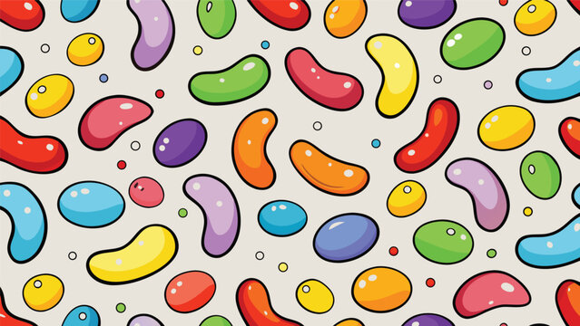 Seamless pattern of colorful jelly bean candies scattered on a light neutral background for confectionery and food design