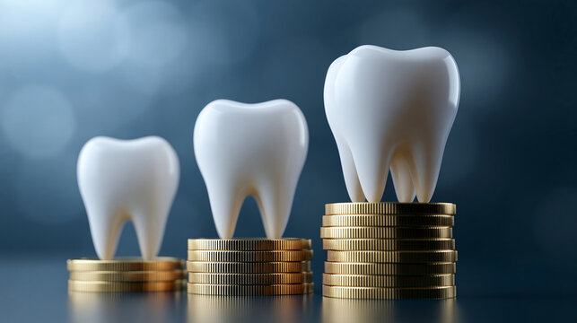 Three white teeth models balanced on stacks of gold coins. Represents the rising cost of dental care and financial.