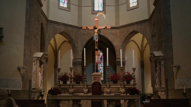 Church nave interior with altar and columns