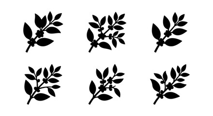 Coffee plant branch vector icons, six black coffee leaf and berry illustrations, natural beverage ingredient graphics © AMINURISLAM