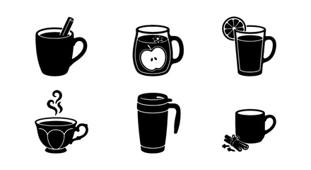 Fototapeta premium Warm Beverage Icons, Hot Drink Vector Set, Cozy Autumn Winter Mug Collection, Coffee Tea Cider Graphics