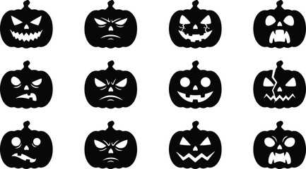 Obraz premium Set of black halloween pumpkin silhouettes with scary carved faces