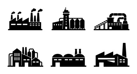 Fototapeta premium Industrial Factory Icons Set: Manufacturing Plant Silhouettes, Production Facility Graphics, Urban Building Vector Collection