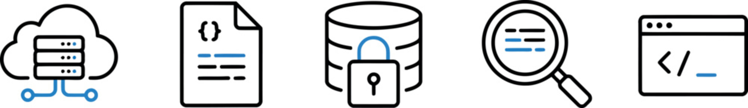Cloud Computing and Database Cyber Security Line Vector Icon Set Featuring Secure Server Document Code Magnifying Glass Search and Browser Window Graphic