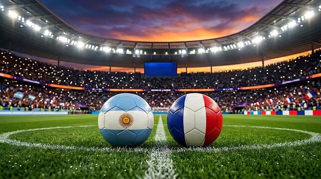 Argentina and france soccer balls on a stadium field