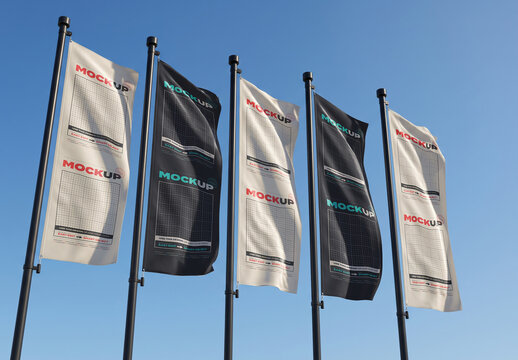 Five Long Flag Banners Mockup