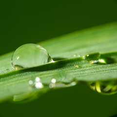 Macro photography of clear dew drops on a blade of green grass with moisture © Taras