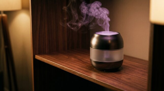 A modern metallic aromatherapy diffuser emits a delicate purple mist from its glowing top in this soft cinematic close shot.