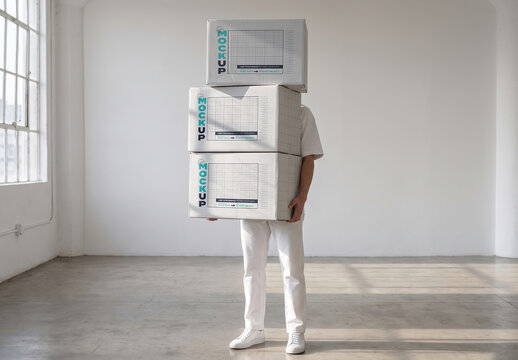 Man Holding Three Boxes Mockup