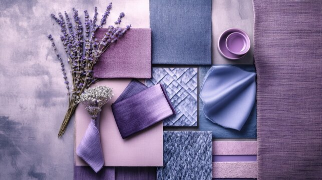 Flat lay composition in deep periwinkle, soft lilac color palette with textile and paint samples, lamella panels and tiles. Architect and interior designer moodboard. Top view. Copy space. Template