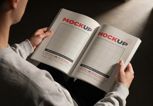 Open Magazine Brochure Being Hold Mockup