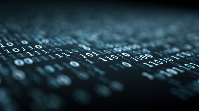 Blurred binary numbers shifting across a dark digital field. Illustrating deep data processing and modern technical.