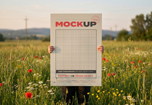 Poster Being Hold in Flowers Field Mockup