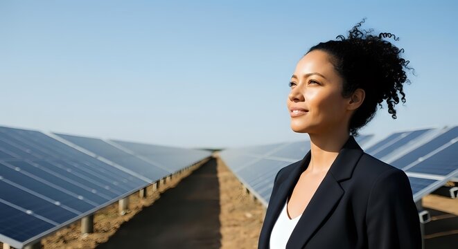 Young woman with dark curly hair and East Asian ethnicity wearing black blazer standing in solar panel farm, looking toward horizon. Renewable energy professional.