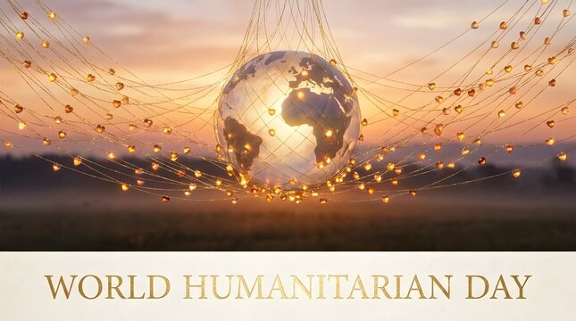 World humanitarian day concept glowing globe surrounded by hearts and lights