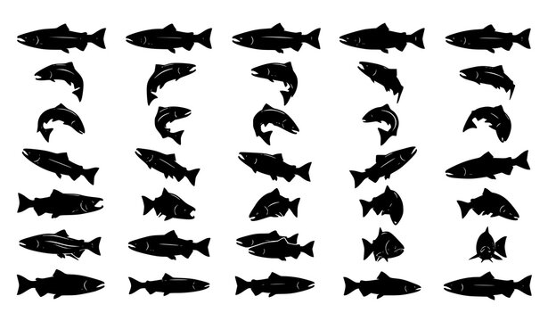 Black salmon silhouette collection with realistic fish vector illustrations