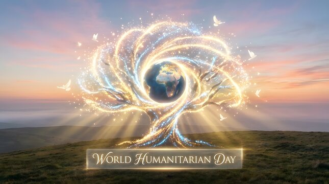 World humanitarian day celebration glowing earth surrounded by a tree of light