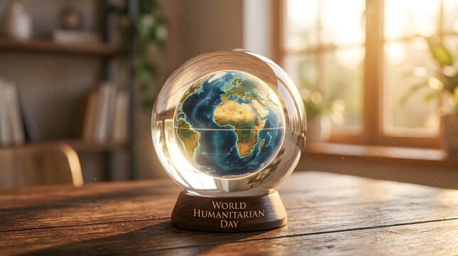 World humanitarian day concept glass globe earth with wooden base