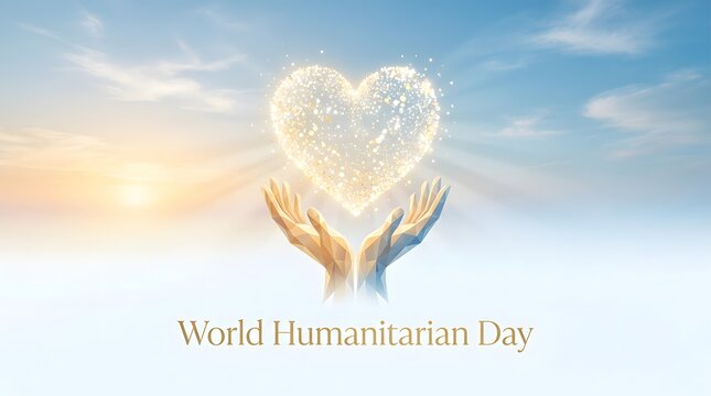 World humanitarian day concept glowing heart held by caring hands