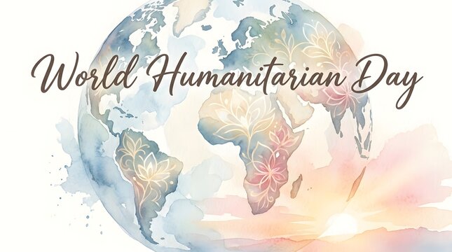 World humanitarian day watercolor globe illustration with floral accents