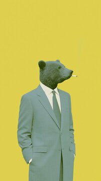 the executive bear enjoys a cigarette in a relaxed pose while looking sharp and ready for a corporate environment