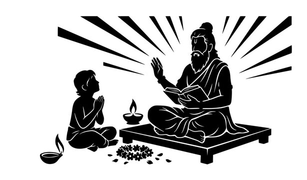 Indian Guru and Shishya Vector Illustration Representing Traditional Ancient Hindu Education Spiritual Teaching Holy Scripture Preaching and Rishi Sage Wisdom Concepts