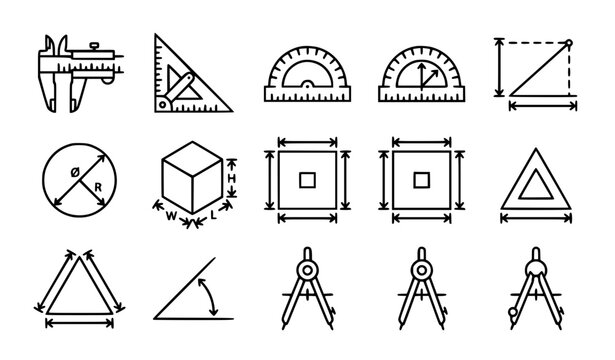 Geometry and Measurement Line Icon Set Featuring Caliper Ruler Protractor Compass Math Formulas Dimensions Scales and Technical Drafting Symbols