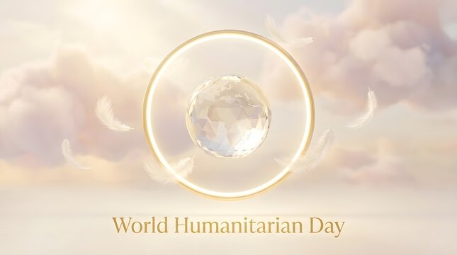 World humanitarian day concept crystal globe with feathers and golden circle