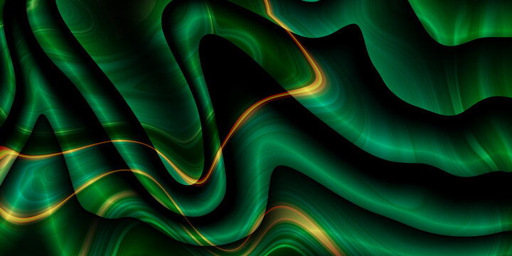 Abstract emerald green flowing waves with golden light, organic fluid art background.