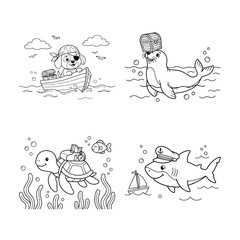 Cute sea animals pirate set with dog seal turtle and shark coloring page