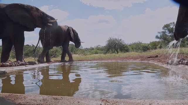 African bush elephant drinking and one trunk in foreground in Greater Kruger National park, South Africa ; Specie Loxodonta africana family of Elephantidae