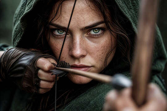 Cinematic extreme closeup of a fierce female archer with green eyes and a hooded cloak aiming a bow and arrow directly at the camera in a dark forest